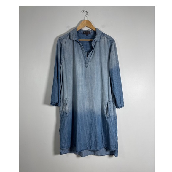 Luxology Dresses & Skirts - Coastal Boho Luxology Womens 12 Tunic Dress Blue Ombre Pinstripe Roll Tab Pocket